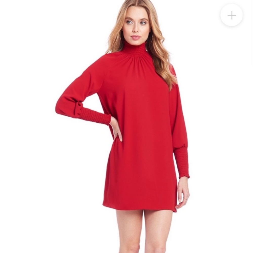 Amanda Uprichard Noemi Smocked Neck Long Sleeve Red Holiday Shift Pocket Dress